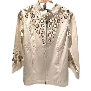 Bob Mackie Wearable Art Women's Jacket XXS White with Gold Tone Grommets EUC